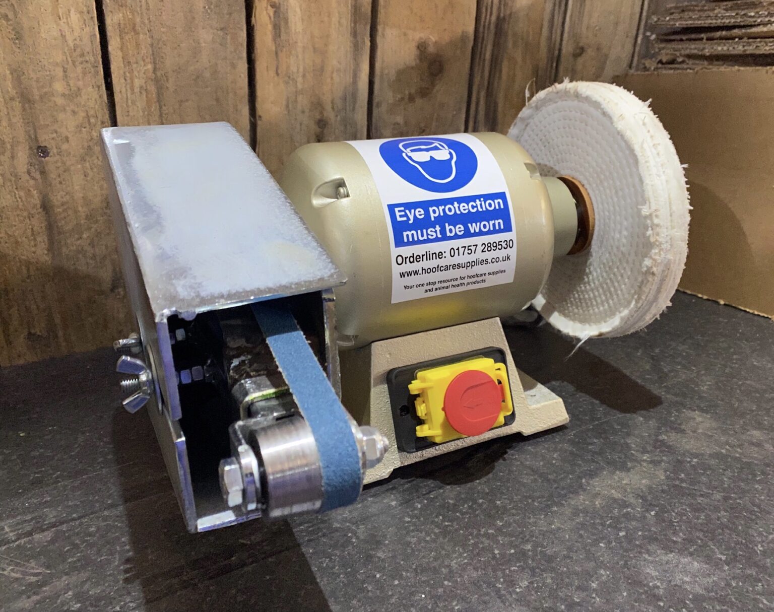 Bench grinder with sanding band attachments A&S Hoofcare Supplies