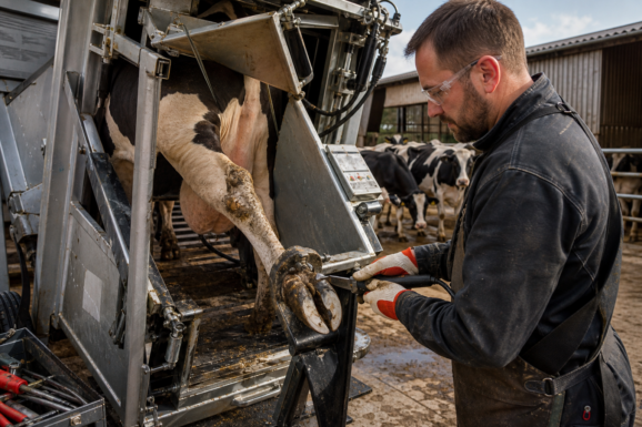 Farmer trimming a cow's hooves using a mechanical hoof-trimming crush on a dairy farm, with other cows visible in the background